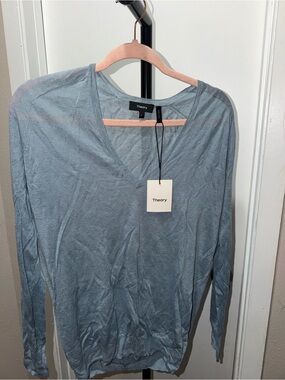 Theory Adrianna Sag Harbor Linen Blend V-Neck Sweater Harbor Blue Size P NWD